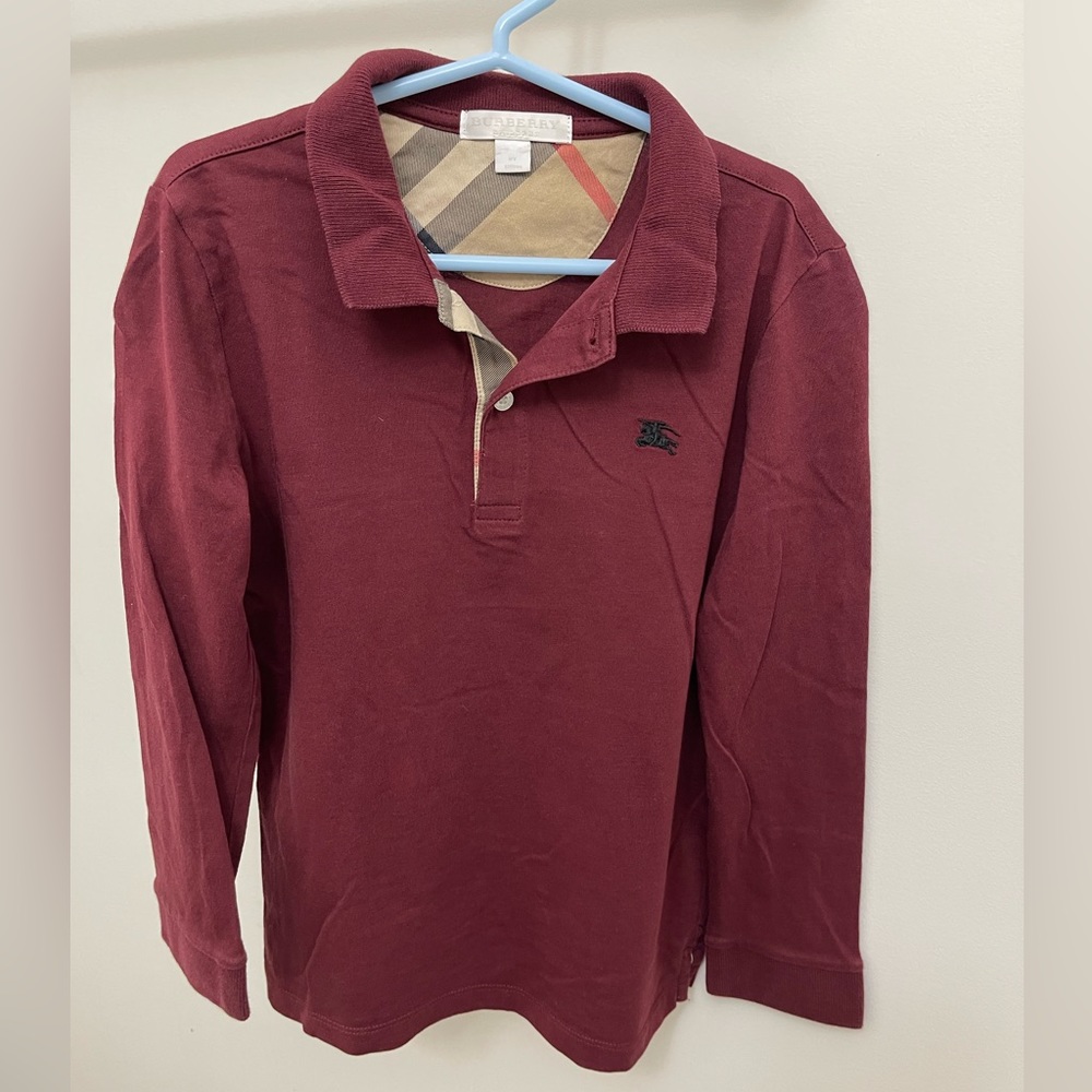 Burberry Maroon Long Sleeve Polo T Shirt w 2 Buttons (Unisex) Size 8Y